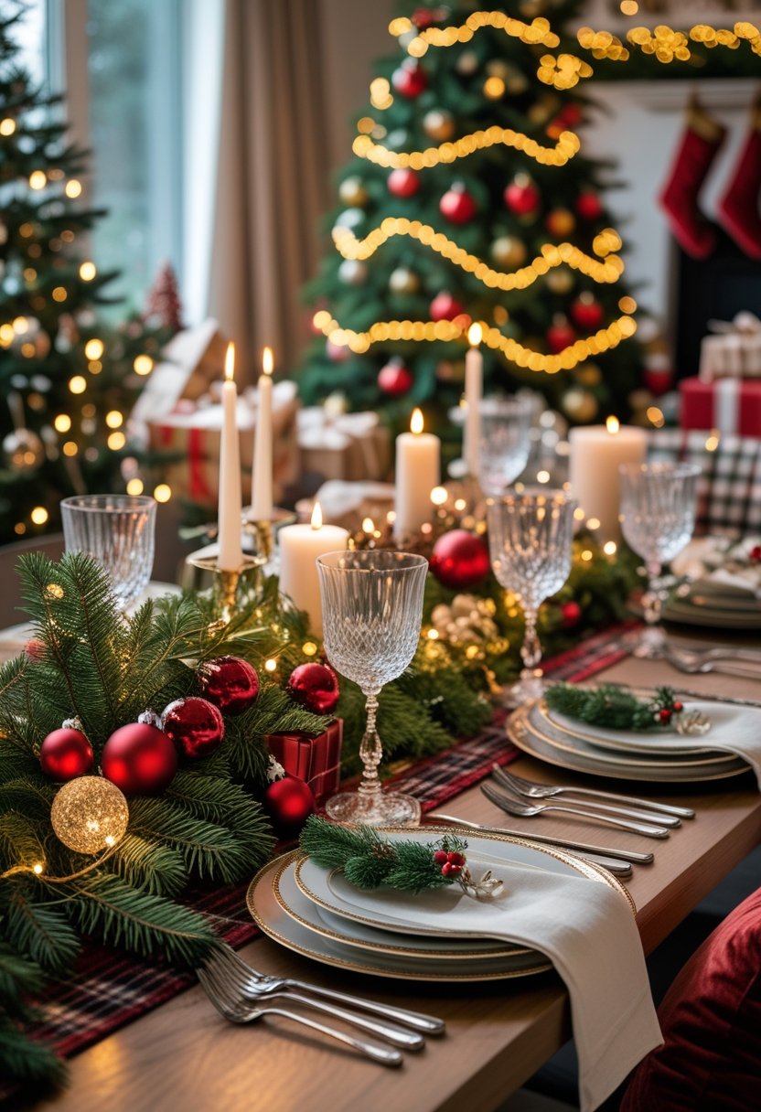 A holiday dining table decorated with Christmas centerpieces, candles, and festive ornaments in a cozy home setting.