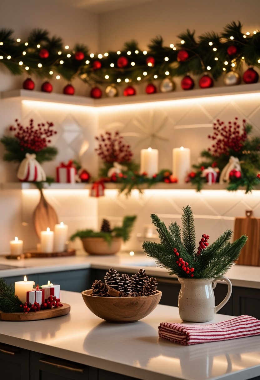 A kitchen decorated for Christmas with shelves and counters displaying ornaments, pine garlands, candles, and festive greenery.