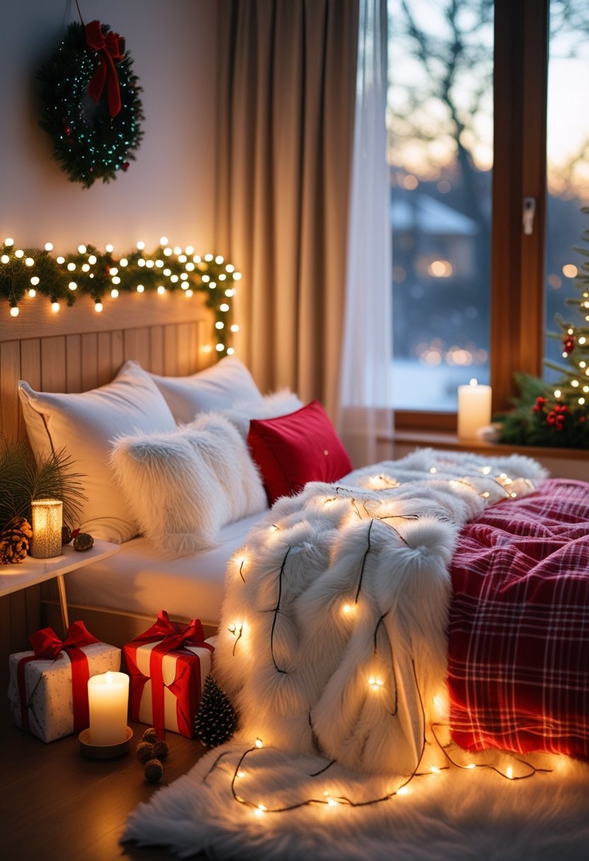 A bedroom decorated for Christmas with festive pillows, fairy lights, a wreath, candles, and wrapped gifts creating a warm and cozy atmosphere.