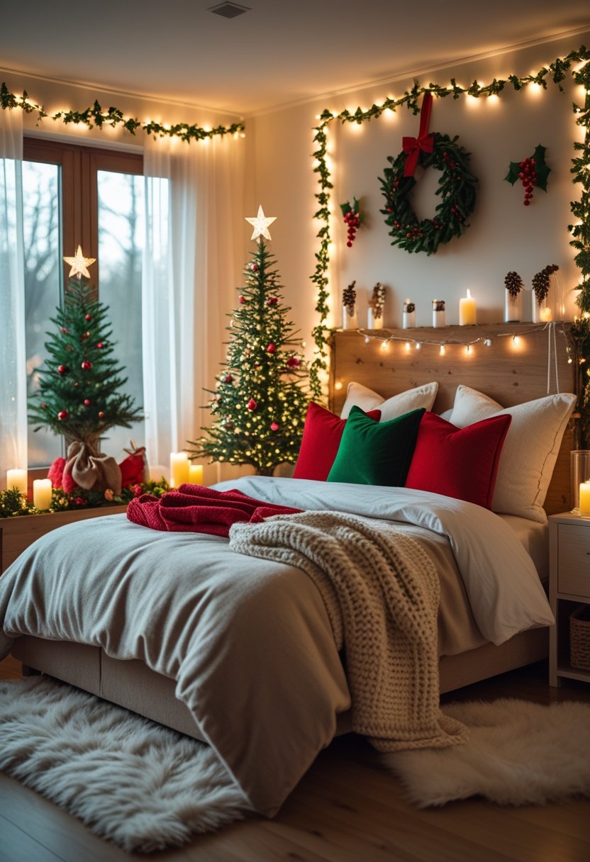 A cozy bedroom decorated for Christmas with a bed, pillows, fairy lights, a small Christmas tree, candles, and festive decorations.