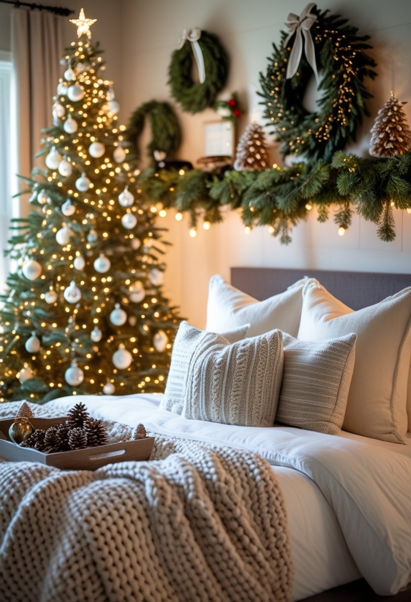 A cozy bedroom decorated with a Christmas tree, greenery, and warm lighting creating a festive atmosphere.