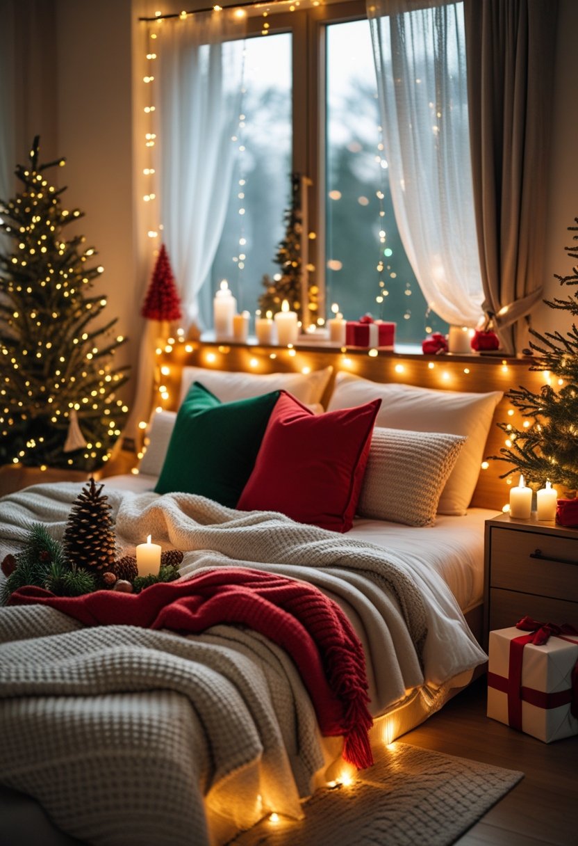 A cozy bedroom decorated for Christmas with warm lighting, a decorated tree, and festive decorations creating a comfortable holiday atmosphere.