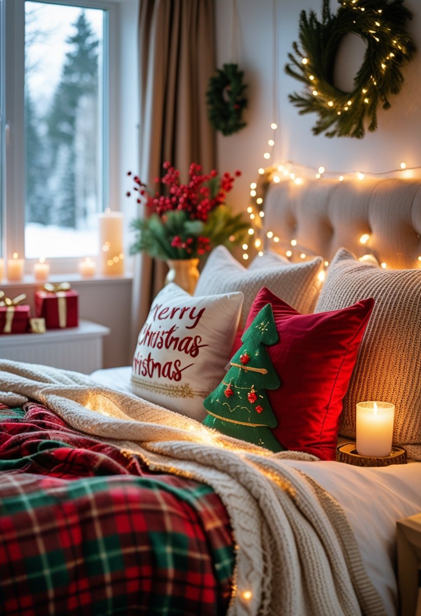 A bedroom decorated with Christmas-themed blankets, pillows, fairy lights, pine branches, and wrapped presents, creating a warm and festive atmosphere.
