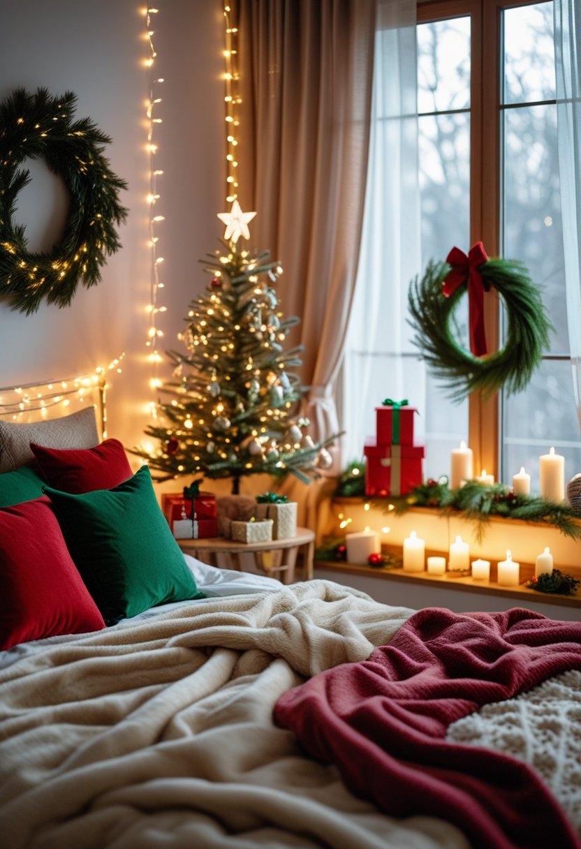 A cozy bedroom decorated for Christmas with a bed, fairy lights, a small Christmas tree, and festive decorations.