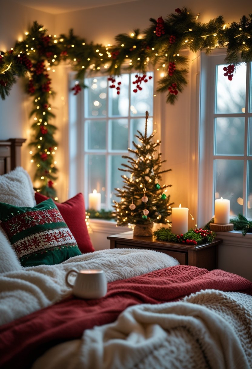A bedroom decorated for Christmas with a cozy bed, fairy lights, a small Christmas tree, pine garlands, and a warm candle on the nightstand.