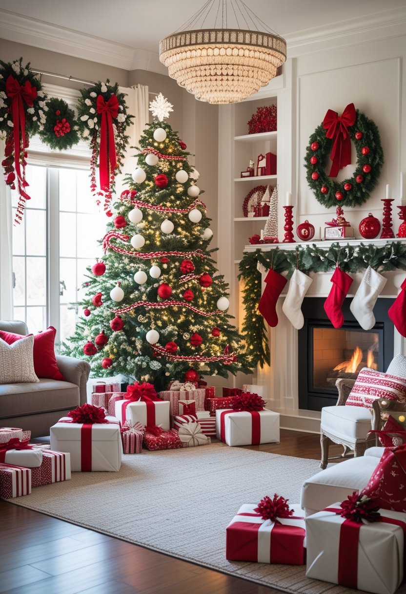 A cozy living room decorated with red and white Christmas ornaments, a tree, wreaths, candles, stockings, and wrapped gifts.
