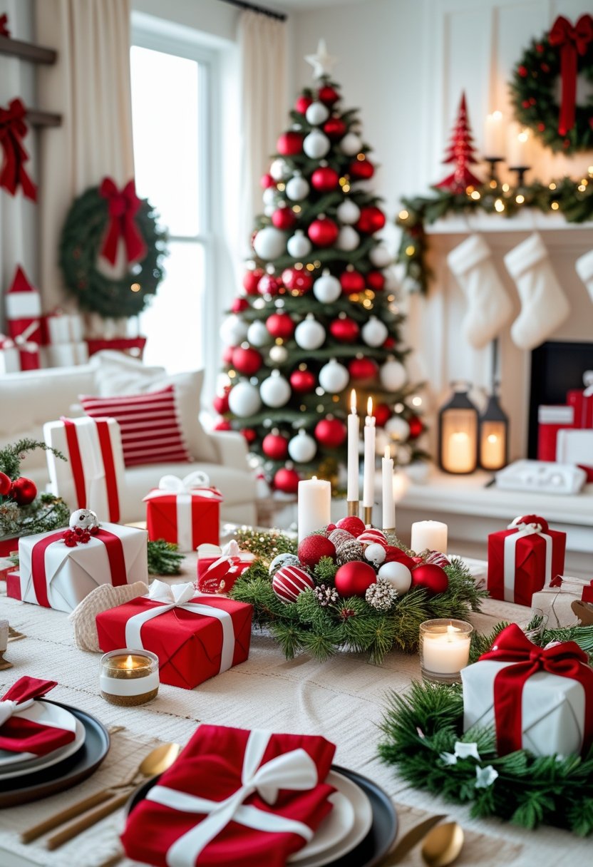 A cozy living space decorated with red and white Christmas ornaments, candles, wreaths, and a Christmas tree with gifts underneath.