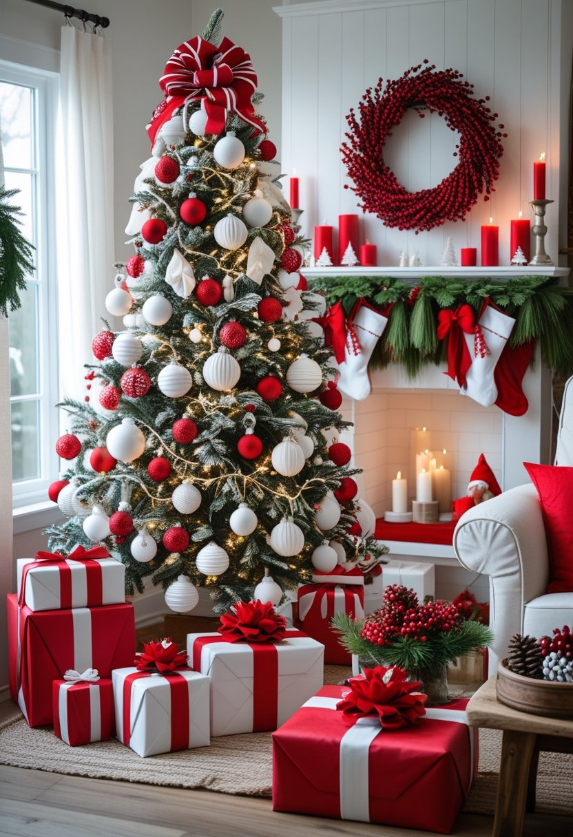 A Christmas scene with a decorated tree, wrapped gifts, candles, and festive decorations all in red and white colors.
