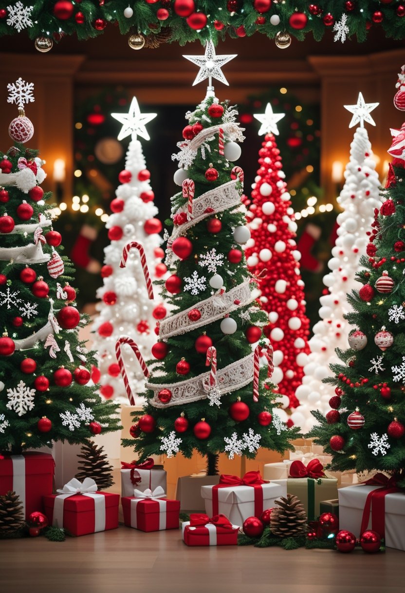 Fifteen decorated Christmas trees featuring red and white ornaments and lights arranged indoors with holiday decorations around them.