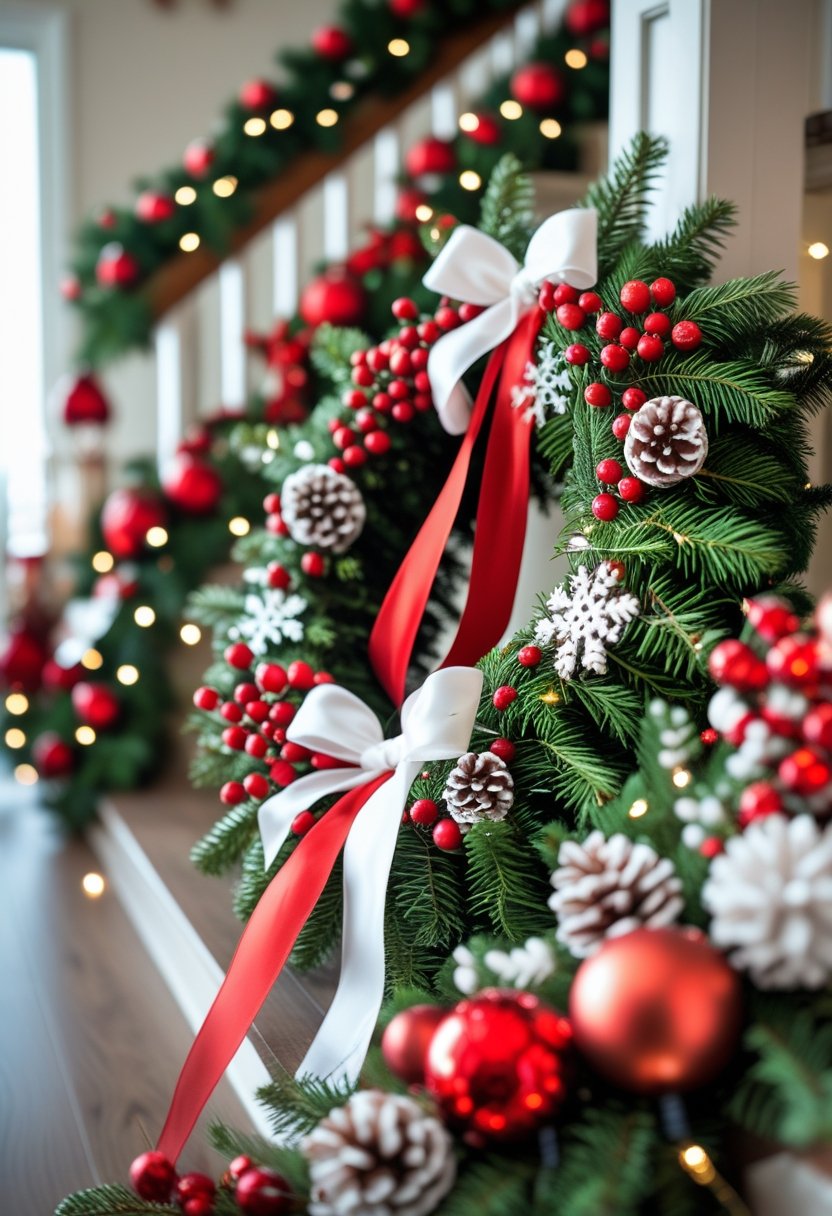 A collection of red and white Christmas wreaths and garlands decorated with berries, pine cones, ribbons, and fairy lights.