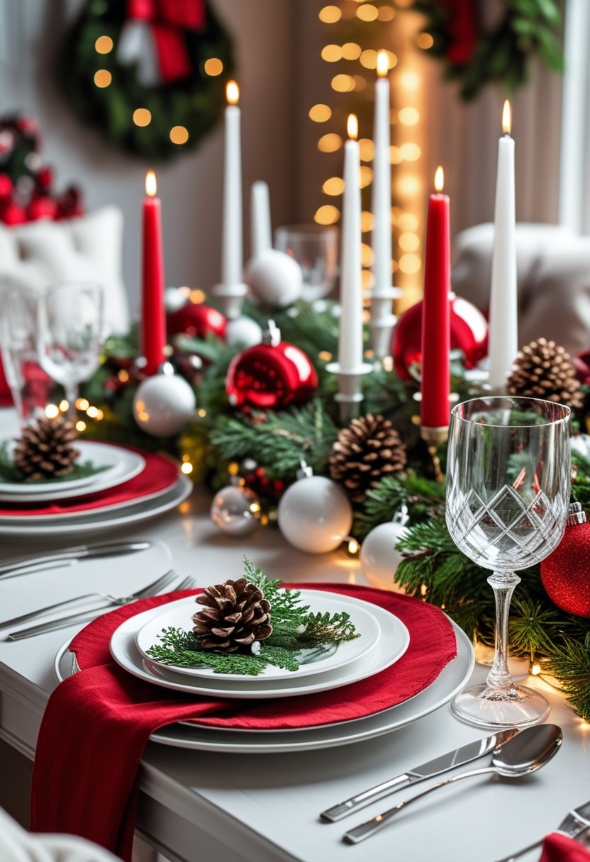A holiday dining table decorated with red and white Christmas ornaments, candles, greenery, and place settings.