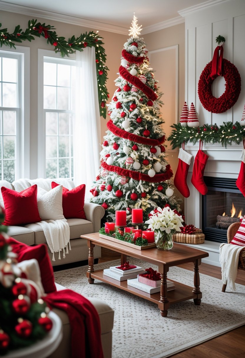 A cozy living room decorated with red and white Christmas ornaments, a Christmas tree, pillows, blankets, candles, and wreaths.
