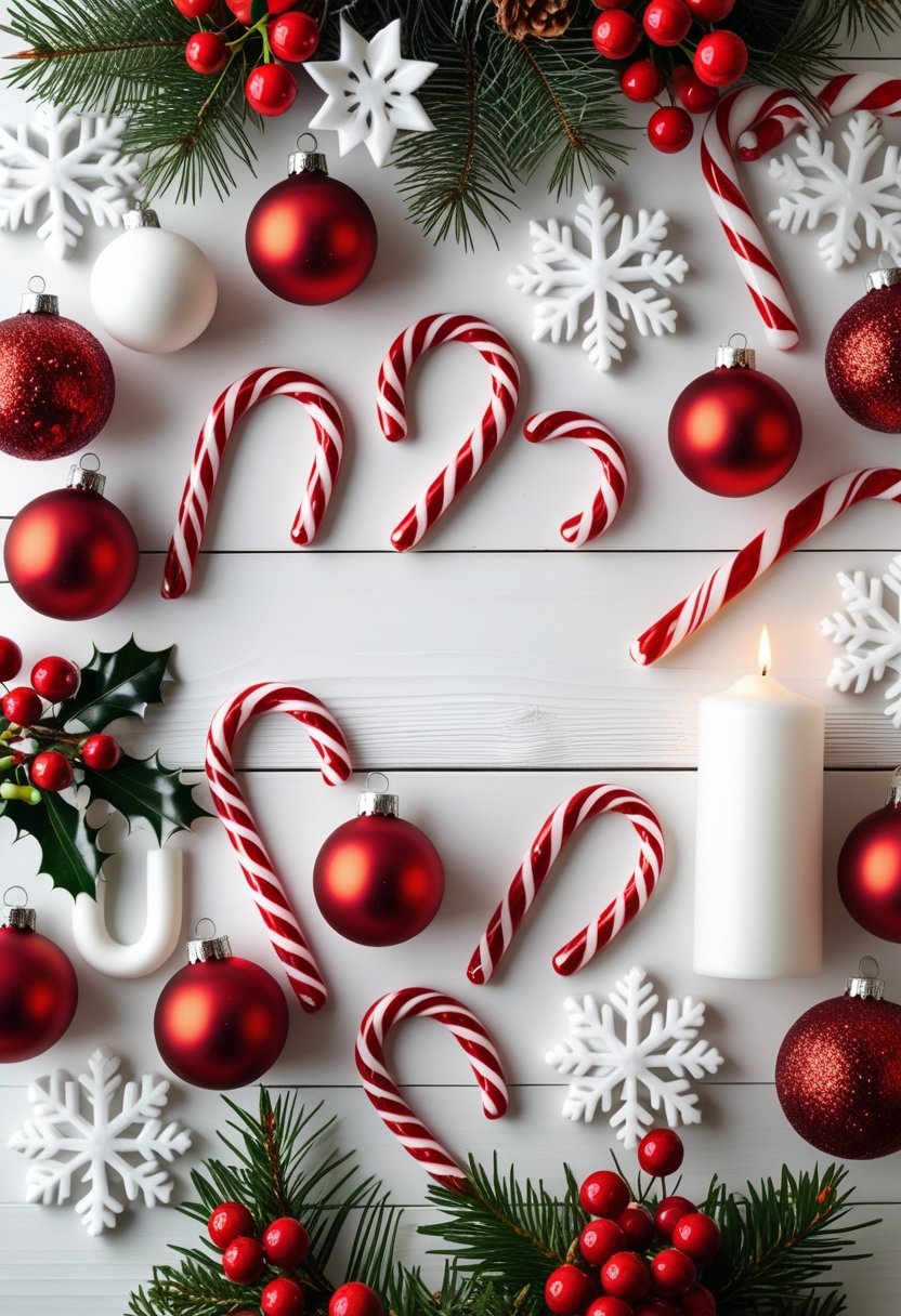 A collection of red and white Christmas decorations arranged on a white surface, including ornaments, ribbons, candles, and greenery.