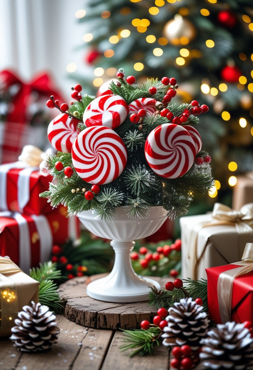 A peppermint candy centerpiece on a wooden table decorated with pine branches, red berries, fairy lights, wrapped gifts, pinecones, and a blurred Christmas tree in the background.