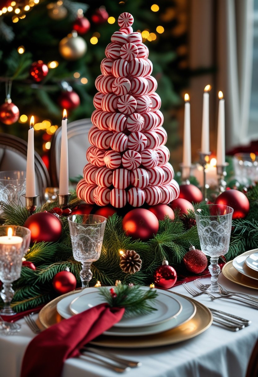 A holiday table set with a peppermint candy centerpiece surrounded by Christmas decorations and elegant tableware.