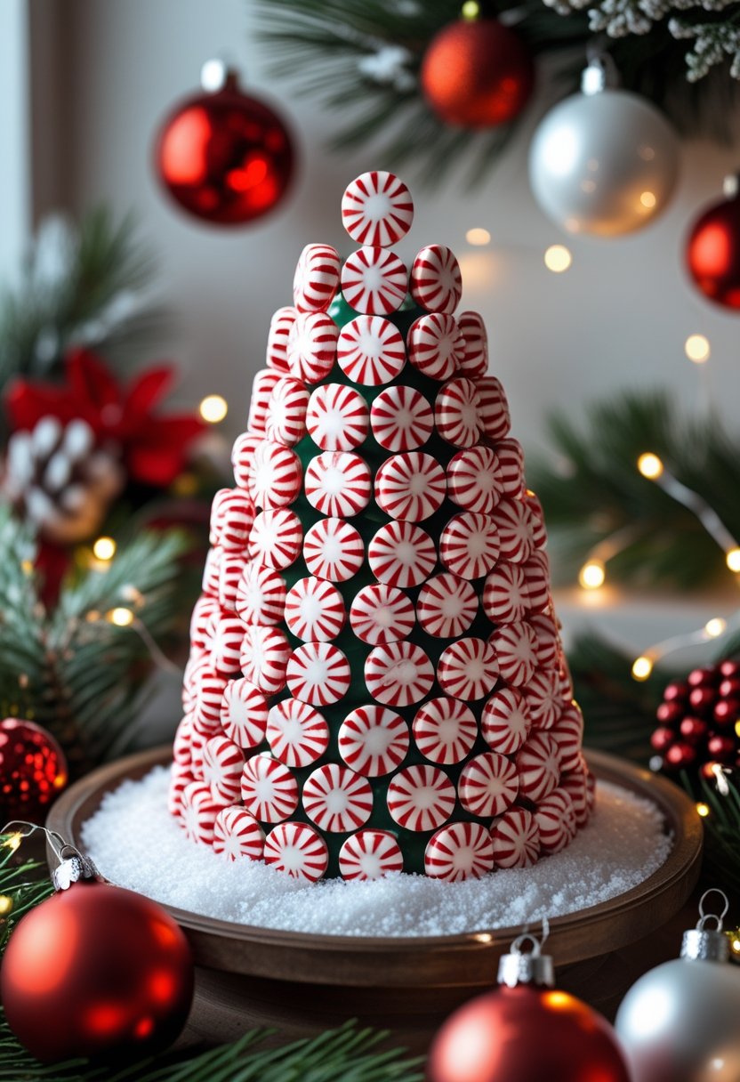 A festive Christmas table with a peppermint candy centerpiece surrounded by holiday decorations and twinkling lights.