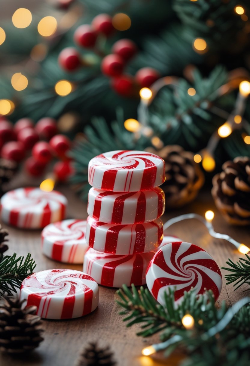 A close-up of a peppermint candy centerpiece surrounded by Christmas decorations and warm glowing lights.