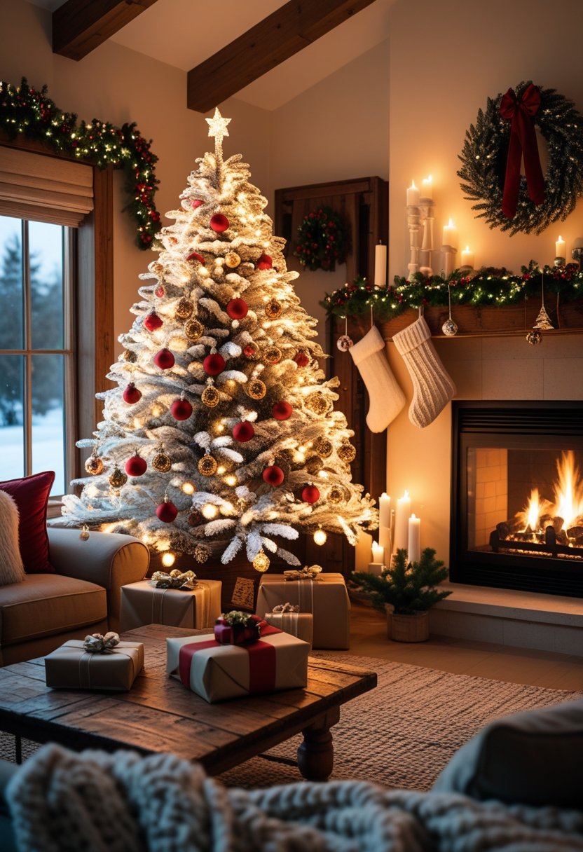 A cozy living room with a decorated flocked Christmas tree, fireplace, and holiday decorations.