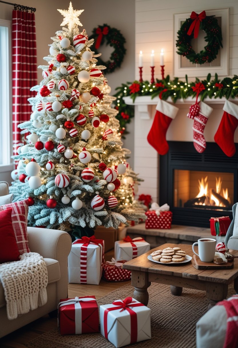 A cozy living room with a flocked Christmas tree decorated with red and white ornaments, a fireplace with stockings, and wrapped presents around the tree.