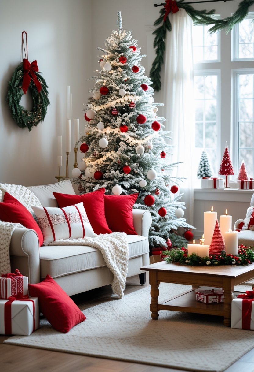 A cozy living room with a flocked Christmas tree decorated with red and white ornaments and lights, surrounded by festive cushions, a blanket, candles, and wrapped gifts.