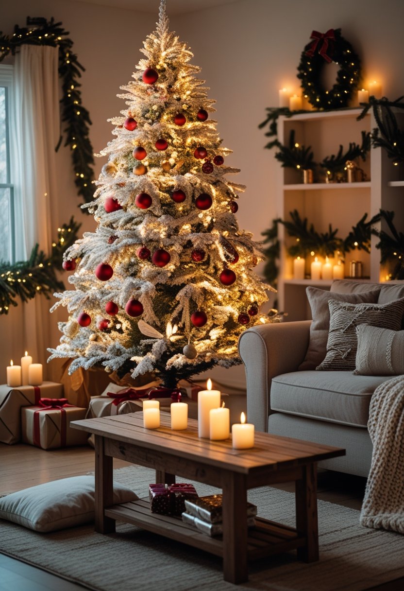 A cozy living room with a decorated flocked Christmas tree, glowing candles, and comfortable seating.