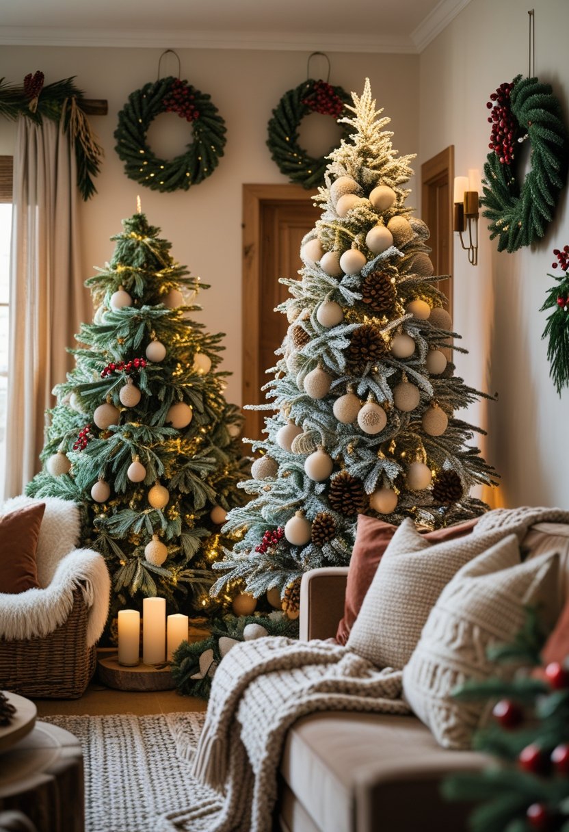 A cozy living room with a flocked Christmas tree decorated with lights, ornaments, and pinecones, surrounded by wreaths and natural holiday decorations.