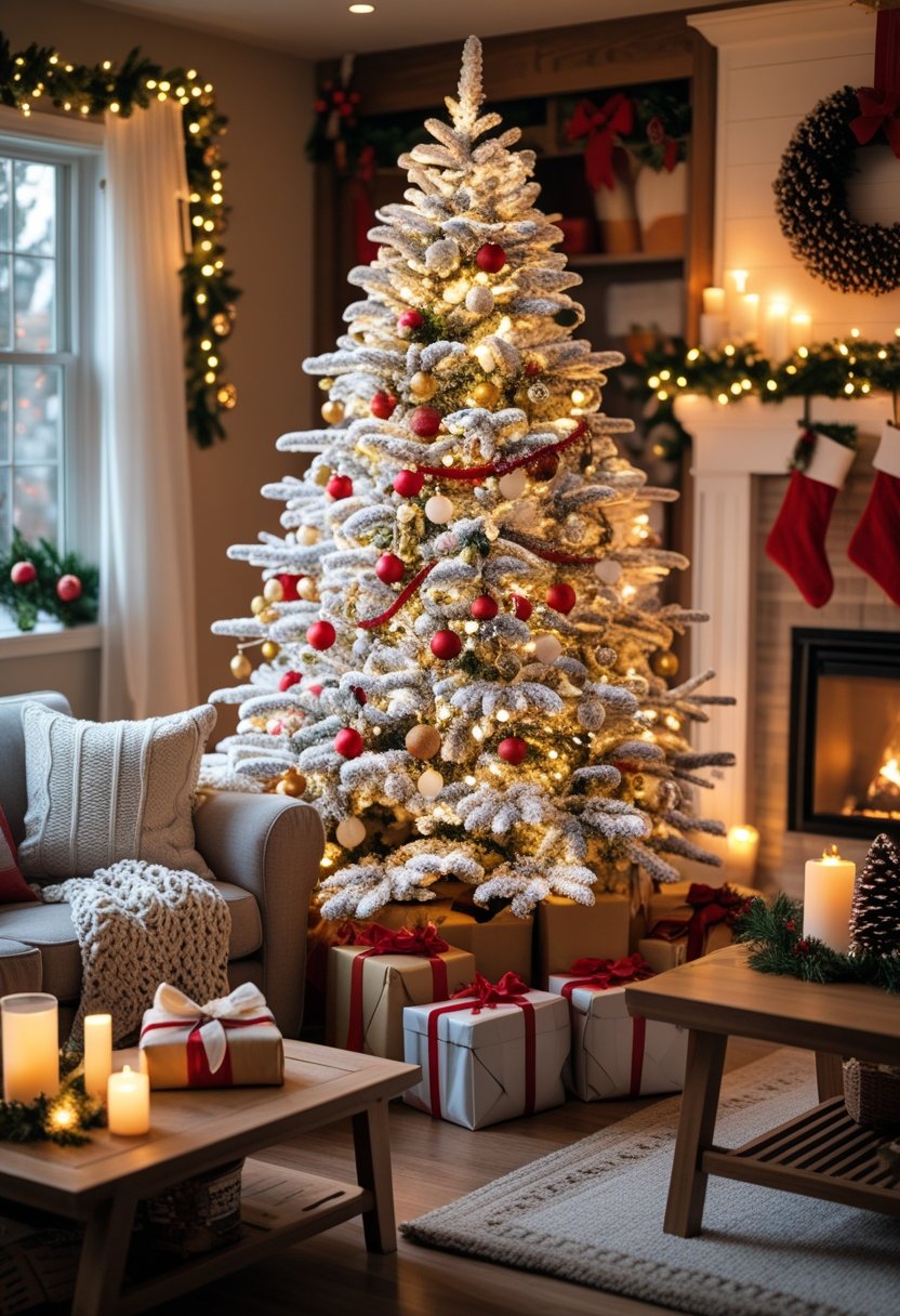 A living room with a flocked Christmas tree decorated with lights and ornaments, presents underneath, a sofa with cushions and a blanket, and a fireplace with stockings.