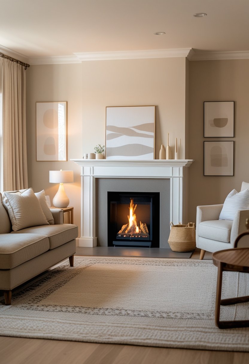 A cozy living room with a lit fireplace, neutral-colored furniture, and warm lighting.