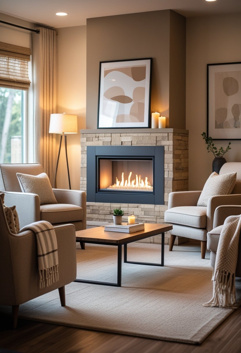 A living room with a fireplace, neutral-colored furniture, and warm lighting creating a cozy atmosphere.