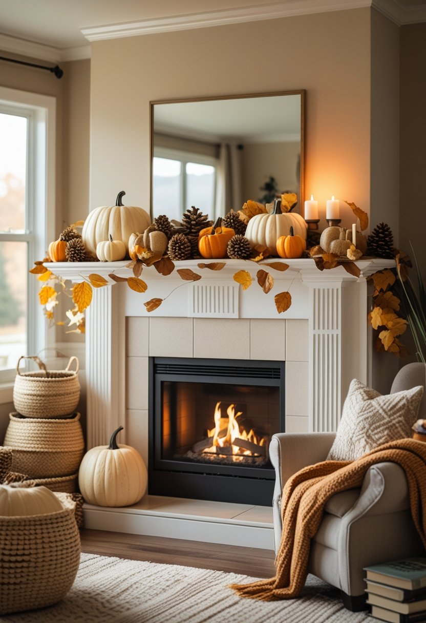 A cozy living room with a fireplace mantel decorated with autumn items like pumpkins, candles, and dried leaves, bathed in warm lighting.
