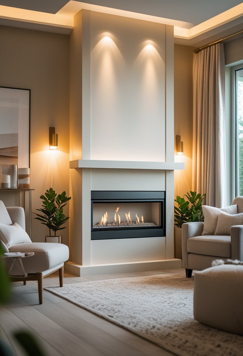 A cozy living room with a modern fireplace, neutral colors, and warm lighting.