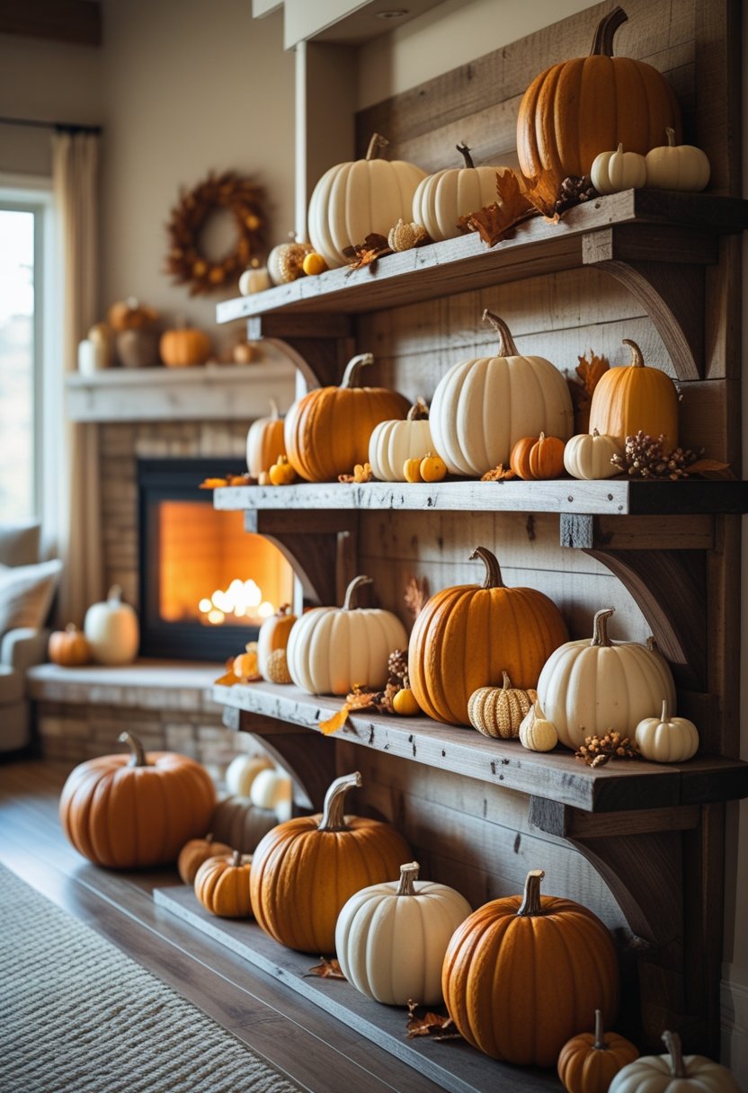 A living room with a wooden shelf displaying pumpkins and autumn decorations near a lit fireplace.