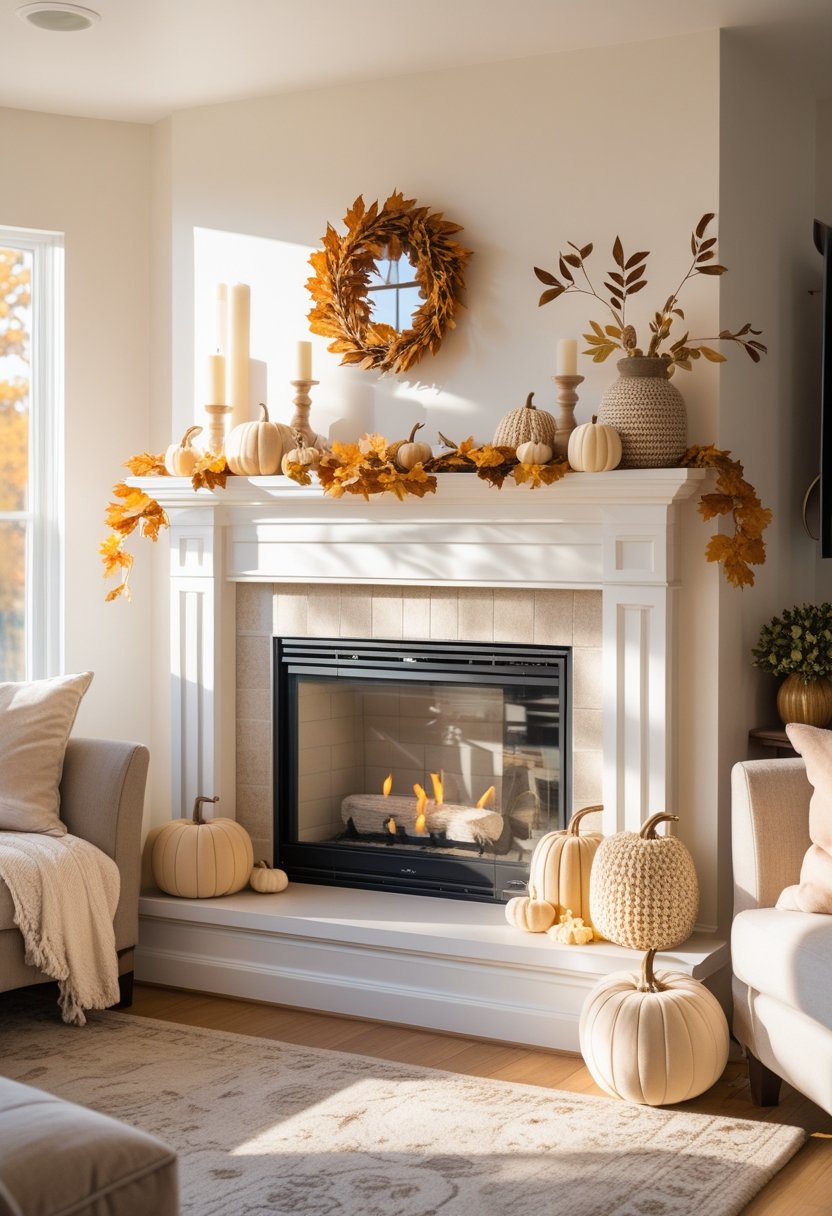 Cozy living room with a fireplace mantel decorated with autumn-themed items in neutral tones and warm lighting.