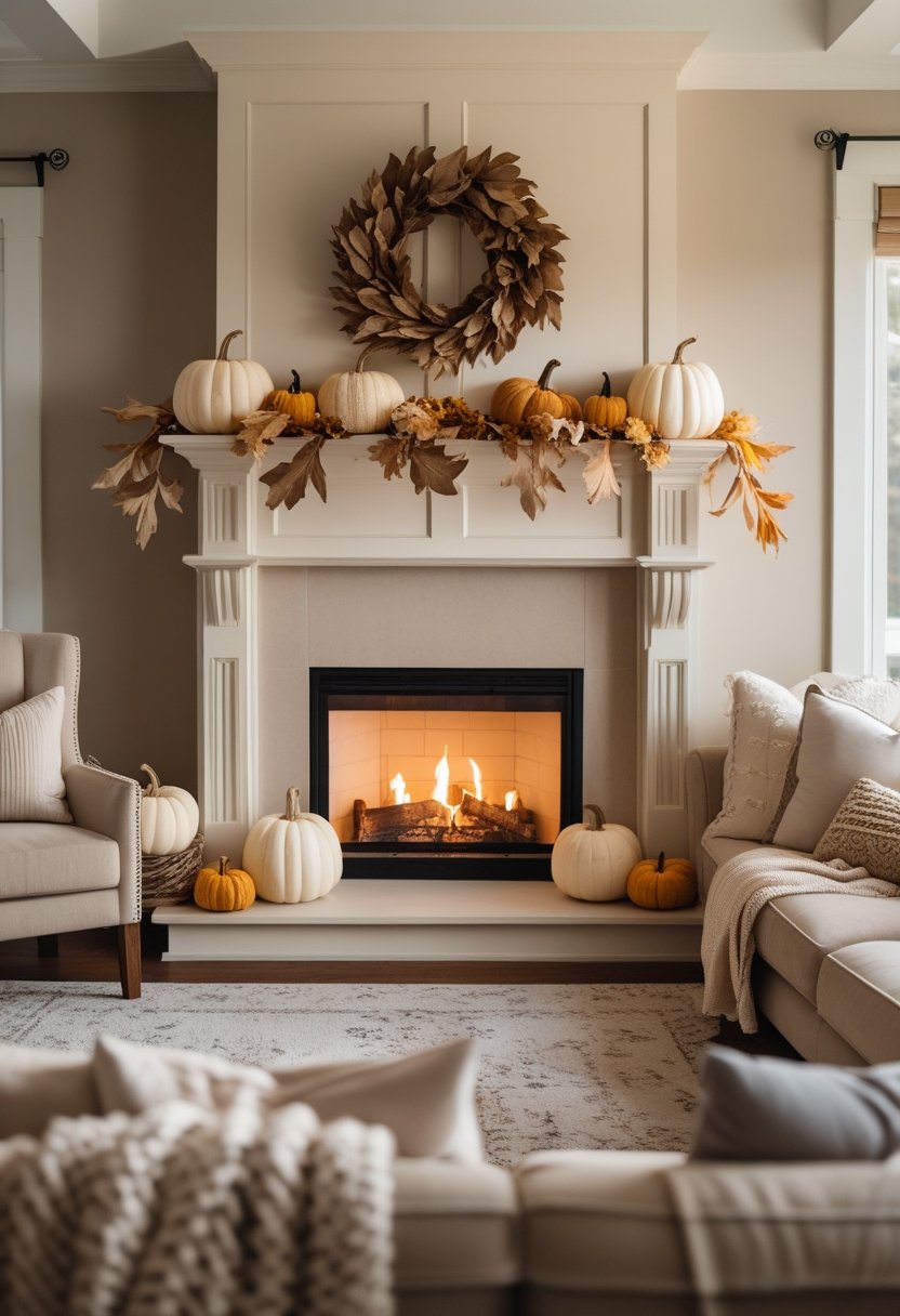 A cozy living room with a fireplace surrounded by fall decorations and warm lighting.