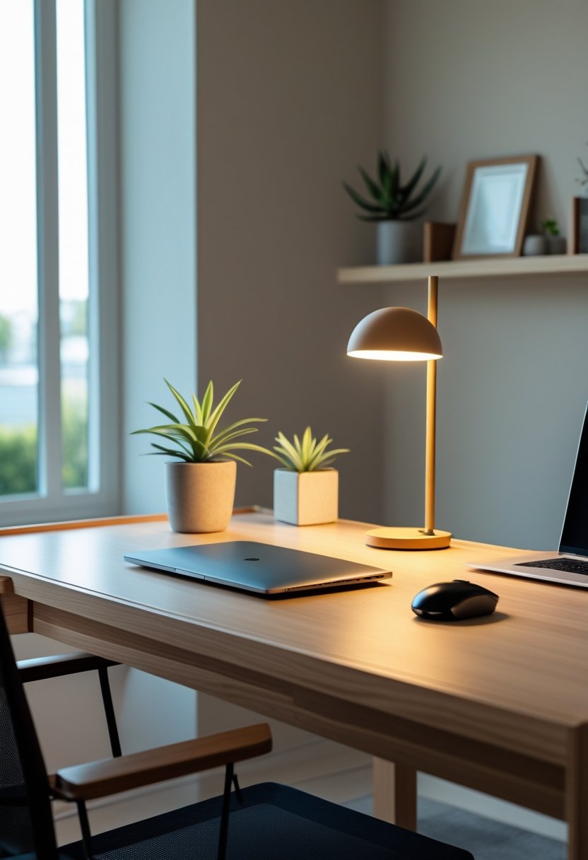 A clean and organized home office desk with a laptop, keyboard, mouse, desk lamp, and a small plant near a bright window.