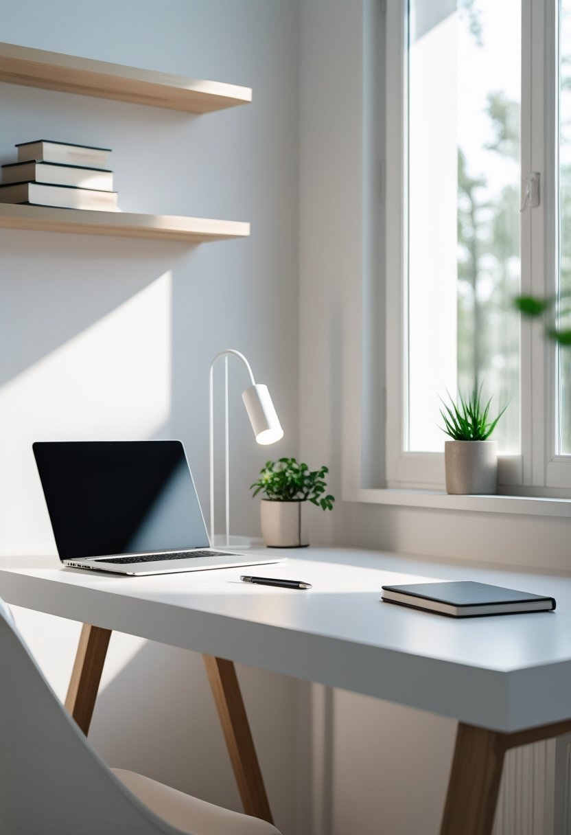 A clean and organized home office desk with a laptop, keyboard, desk lamp, notebook, and a small plant on a shelf against a white wall.