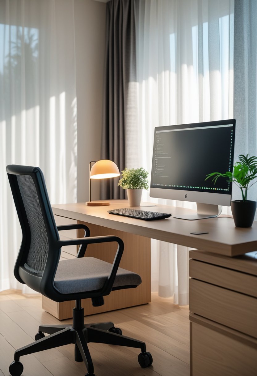 A clean and organized home office workspace with a wooden desk, ergonomic chair, computer monitor, potted plant, and bookshelf in a bright room.