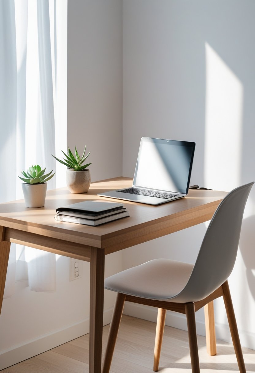 A tidy home office with a wooden desk, laptop, keyboard, mouse, small plant, and notebook in a bright room.