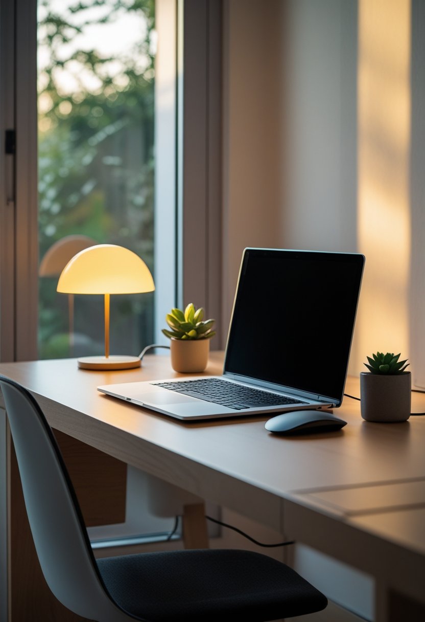 A clean and organized home office workspace with a laptop, keyboard, mouse, desk lamp, and a small plant on a wooden desk near a window.