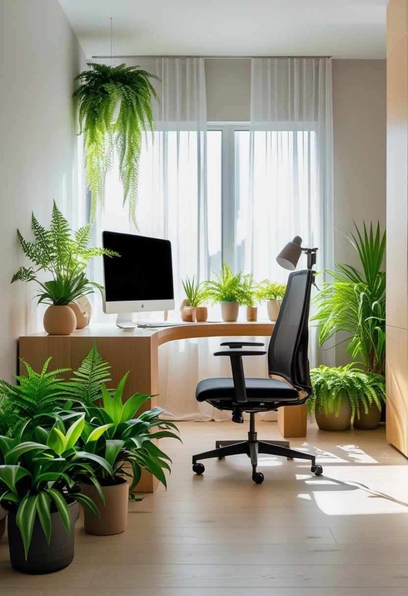 A tidy home office with a wooden desk, computer monitor, ergonomic chair, and several green plants near a window letting in natural light.