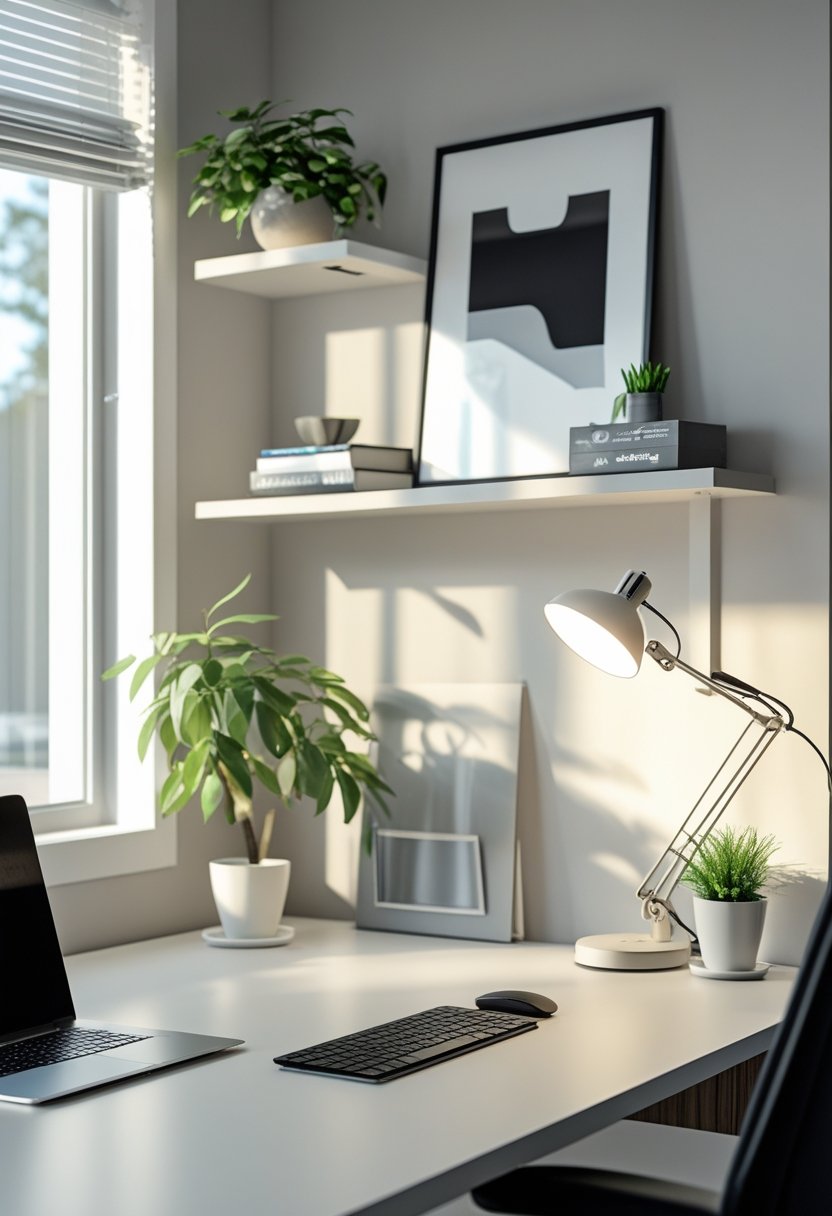 A tidy home office desk with a laptop, keyboard, mouse, small plant, desk lamp, and shelves with books and decor, illuminated by natural light.