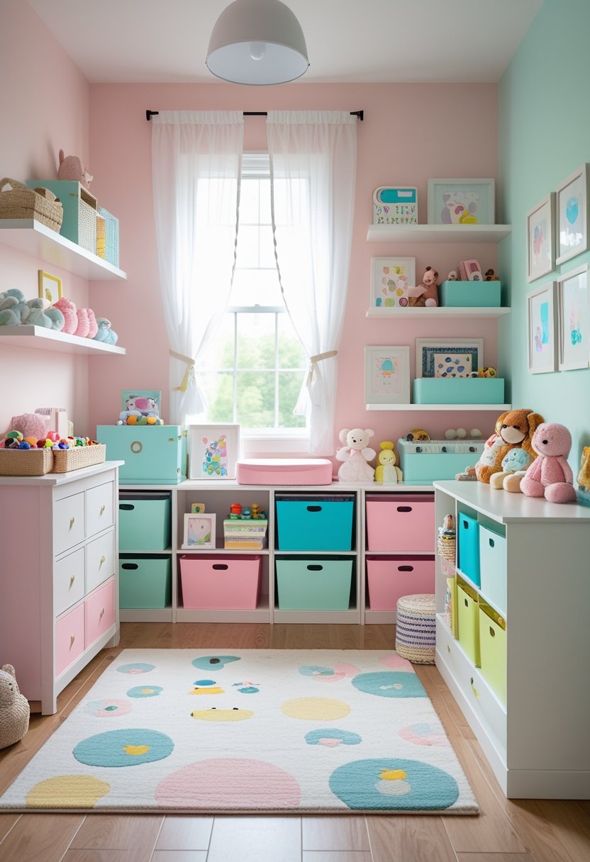 A bright kids' room with pastel-colored storage shelves and bins, toys neatly arranged, and natural light coming through a window.