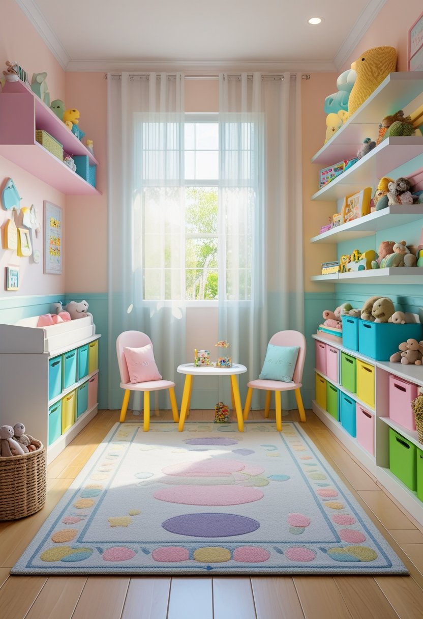A colorful and tidy nursery room with pastel-colored storage bins, shelves filled with toys and books, a small table with chairs, and a cozy reading nook by a window.