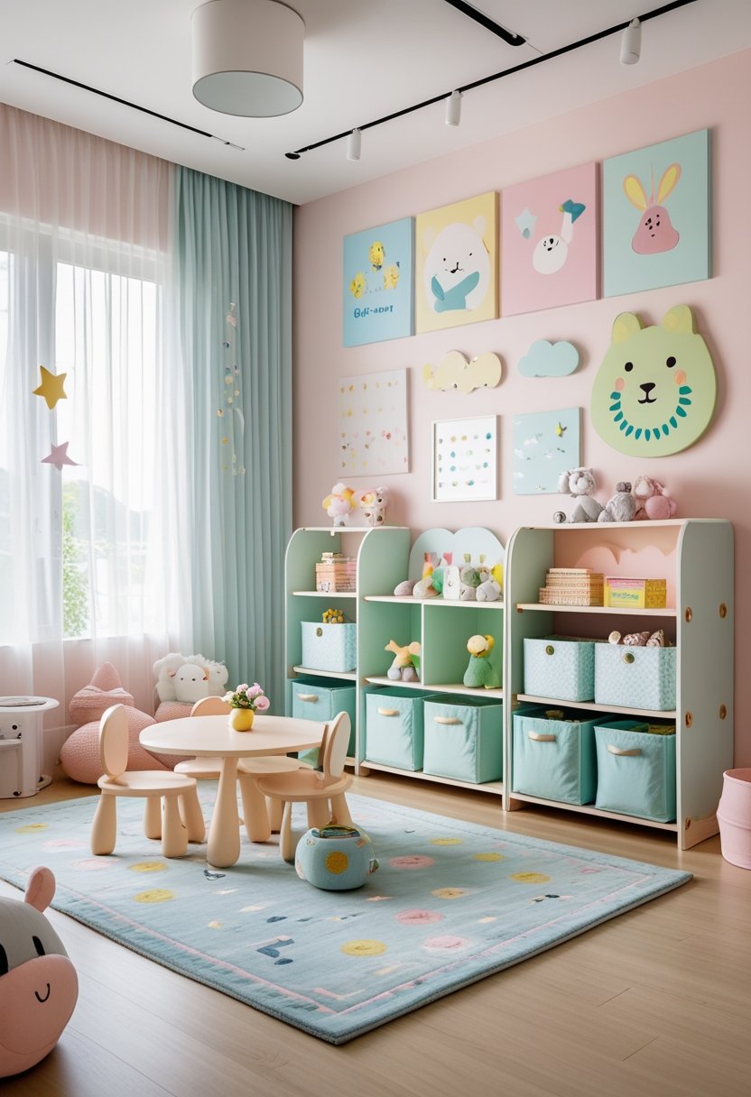 A bright children's room with pastel-colored storage, playful wall art, toys, and organized shelves.