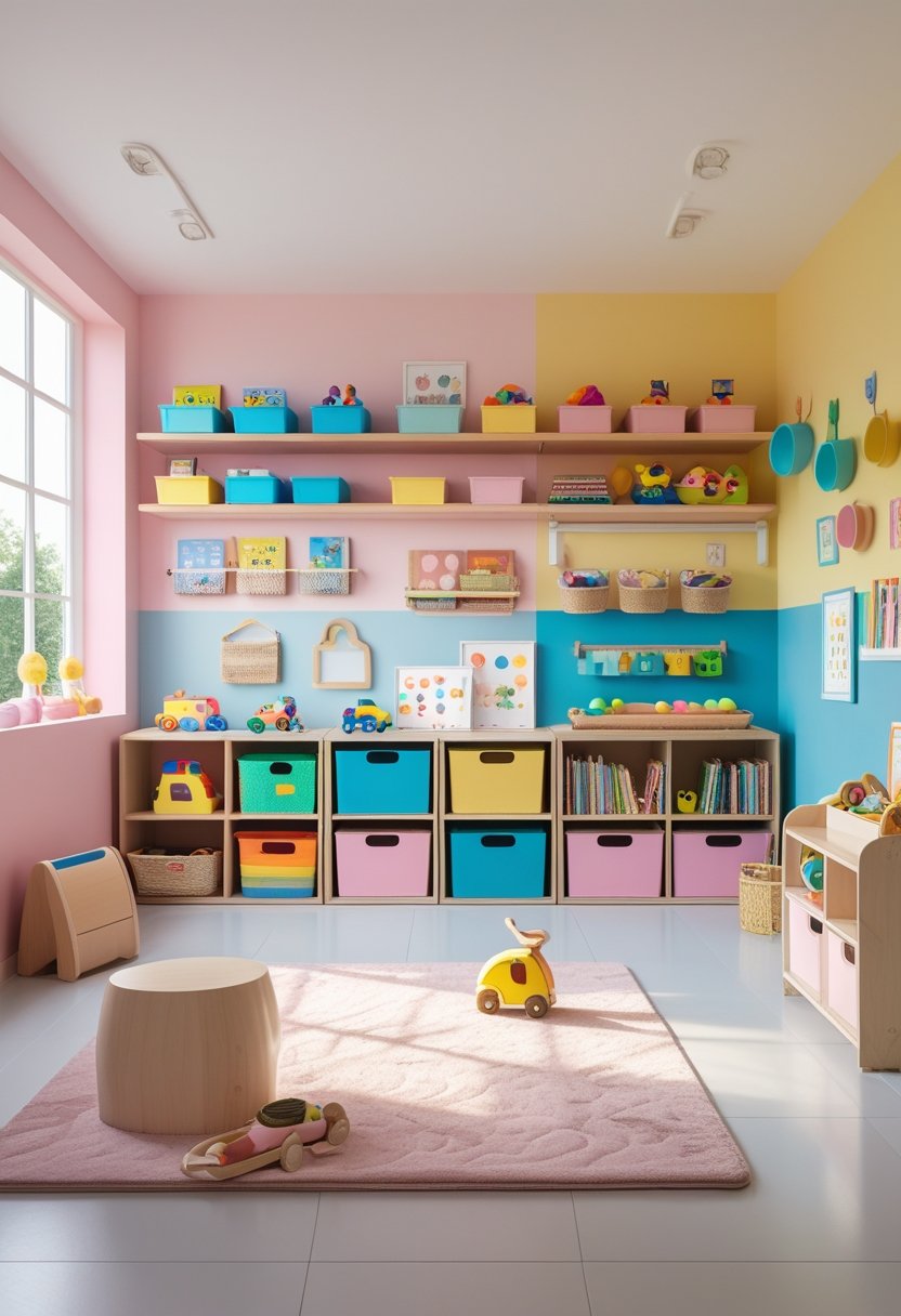 A bright and tidy kids' playroom with pastel-colored walls, organized shelves, storage bins, and toys neatly arranged, creating a clutter-free and inviting space.