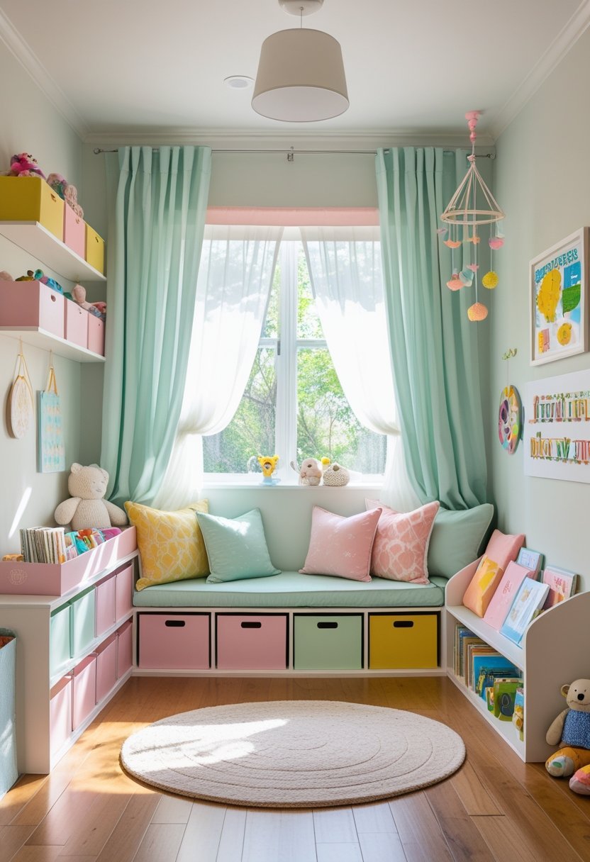 A children's room with a cozy reading nook, pastel storage bins, bookshelves, and playful decorations.