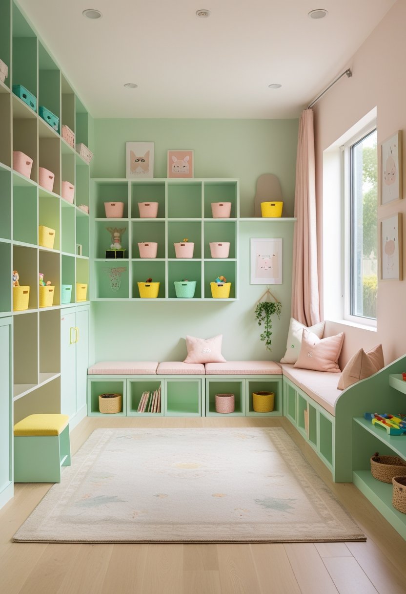 A bright and colorful kids' room with integrated storage, featuring shelves with bins, toys, a reading nook, and pastel-colored decor.