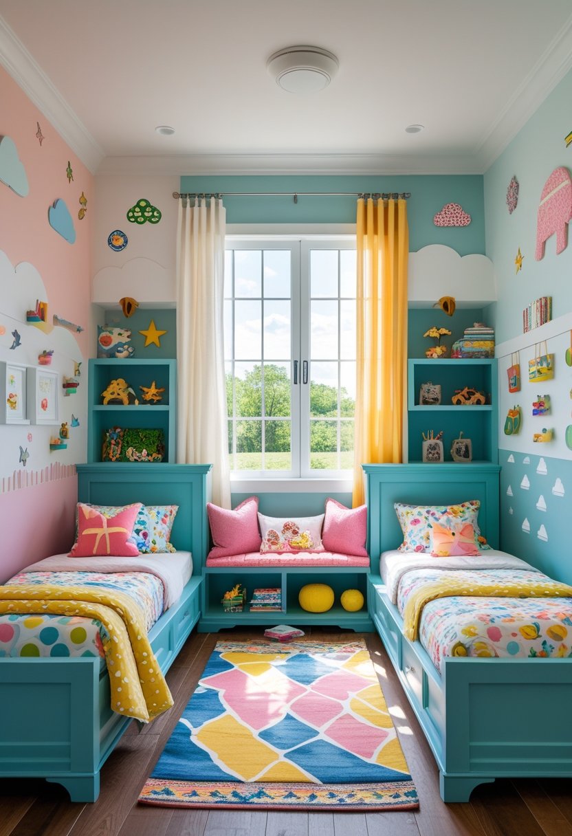 A shared kids' bedroom with two beds, colorful bedding, toys on shelves, a reading nook by a window, and playful decorations.