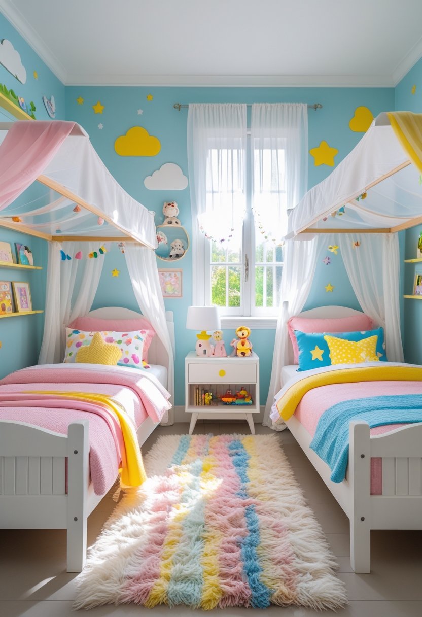 A bright twin kids' bedroom with two beds, colorful bedding, playful decorations, toys, and natural light from a window.
