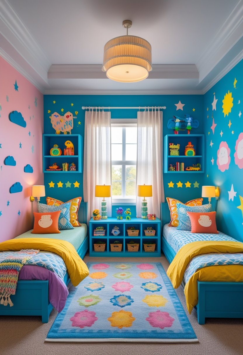 A shared bedroom with two twin beds, colorful bedding, playful wall decorations, and organized storage for toys and books.